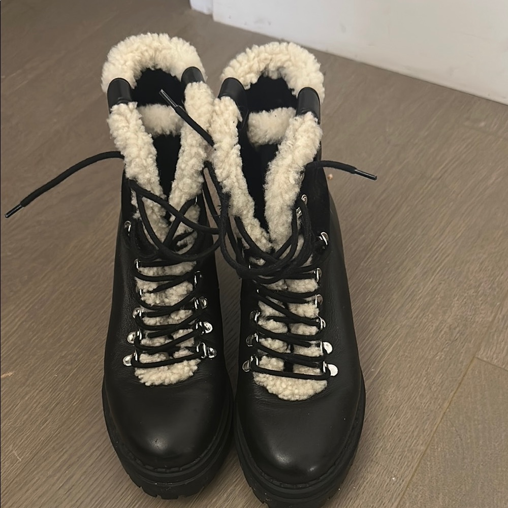 Women's Black and Cream Shearling Lace-Up Boots